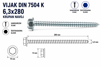 VIJAK DIN 7504 K 6,3x280 KRUPAN NAVOJ